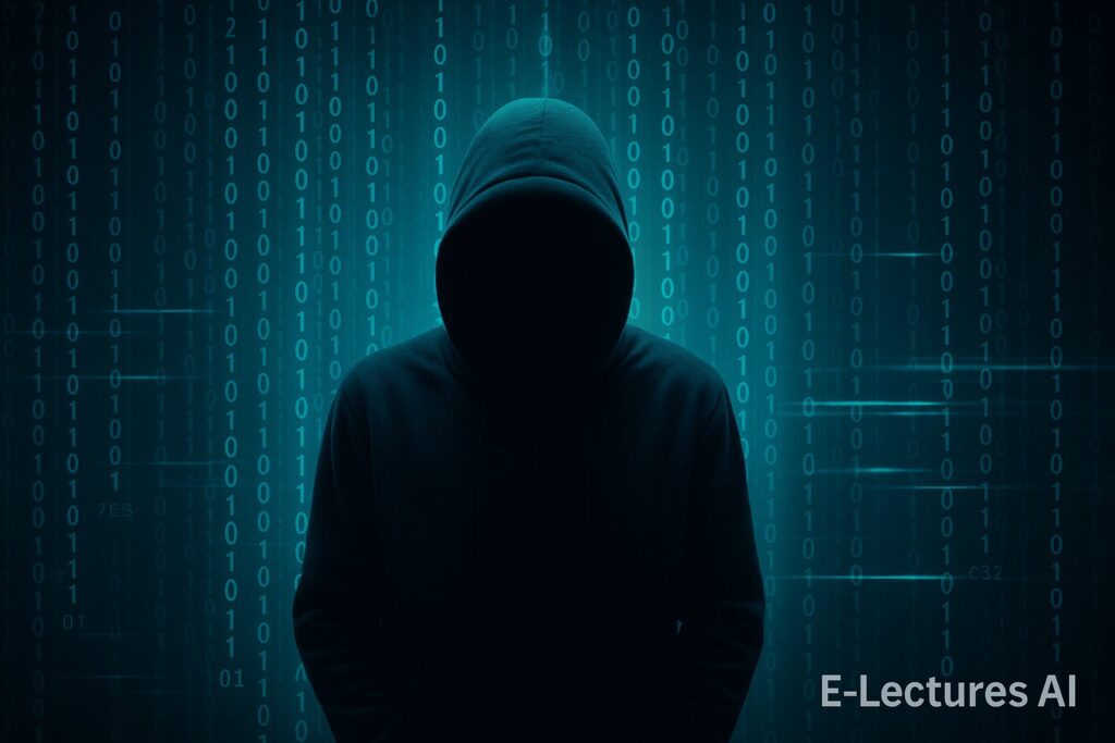 Hacker infiltrating network through digital matrix.