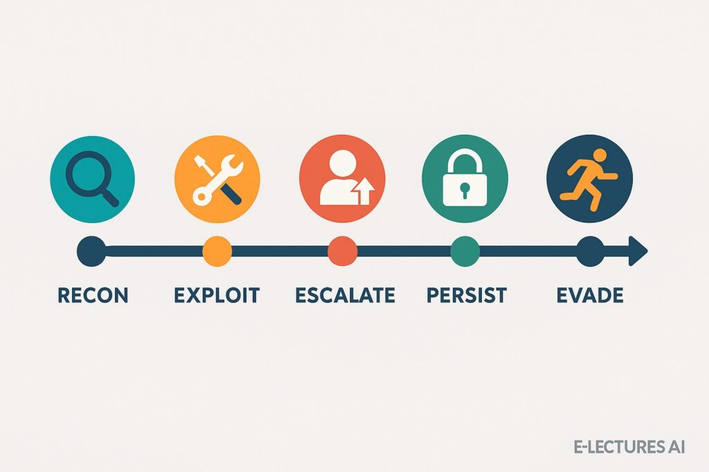 Lifecycle of a cyber attack from reconnaissance to evasion.