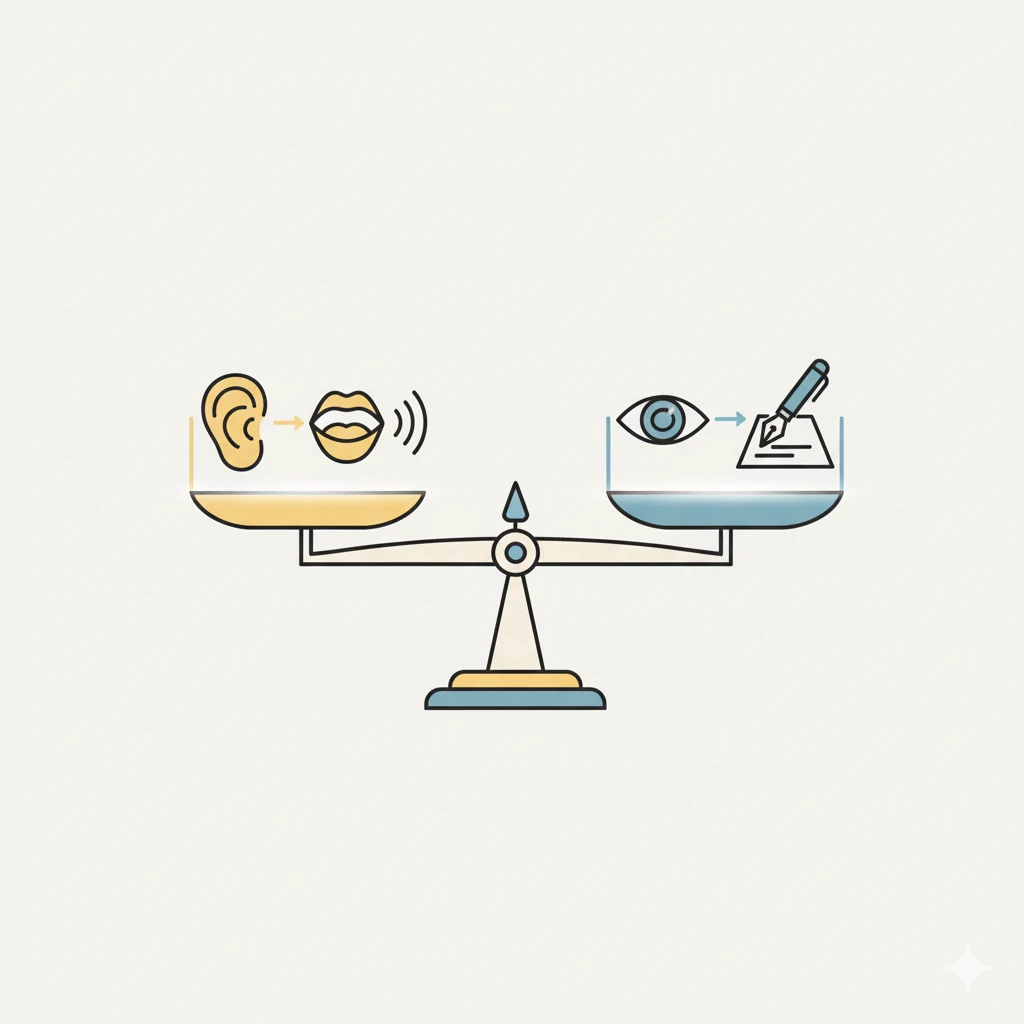 Abstract icons: ear and mouth for speech; eye and pen for writing