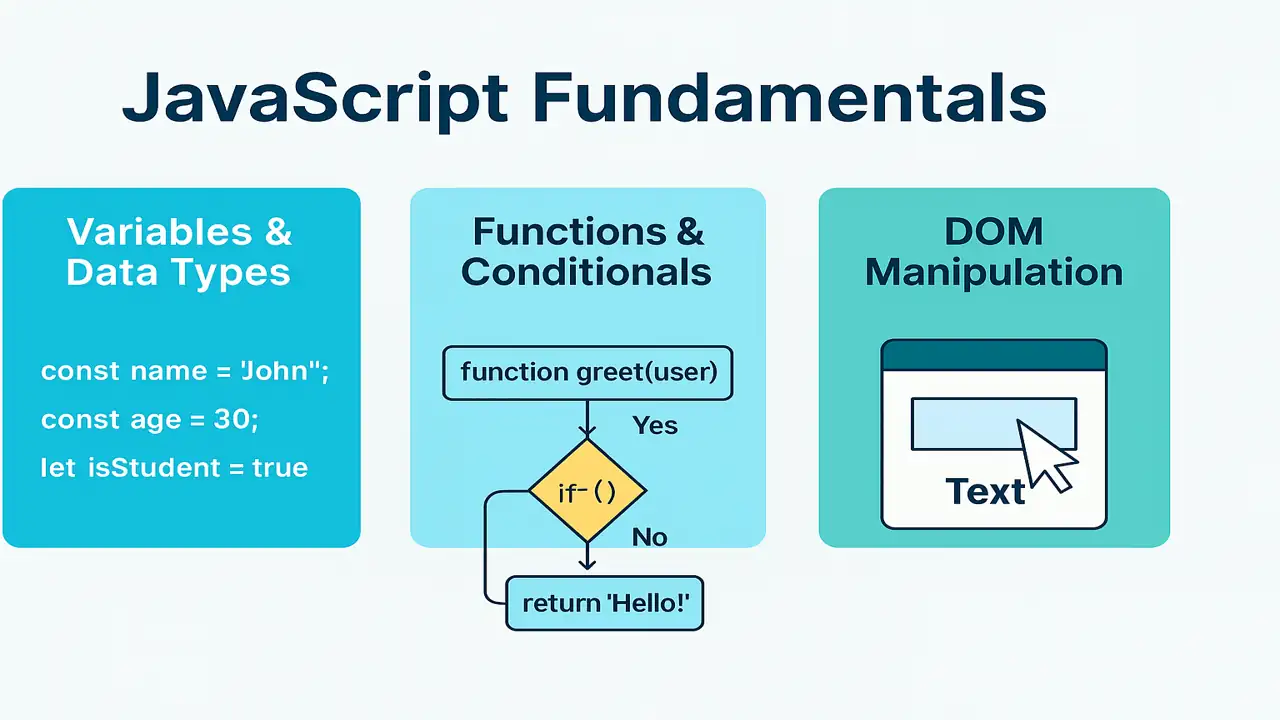 Educational infographic illustrating JavaScript fundamentals with three sections