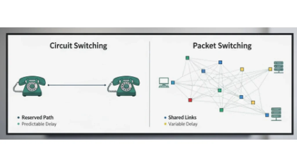 Visual comparison of circuit-switched reserved paths and packet-switched shared links