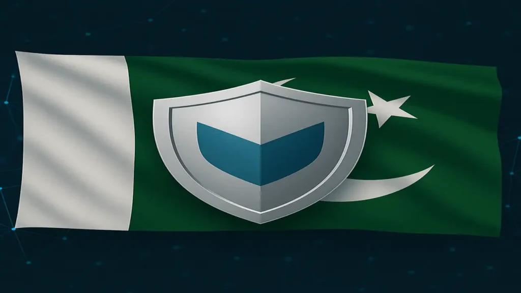 cybersecurity shield protecting digital network Pakistan flag background