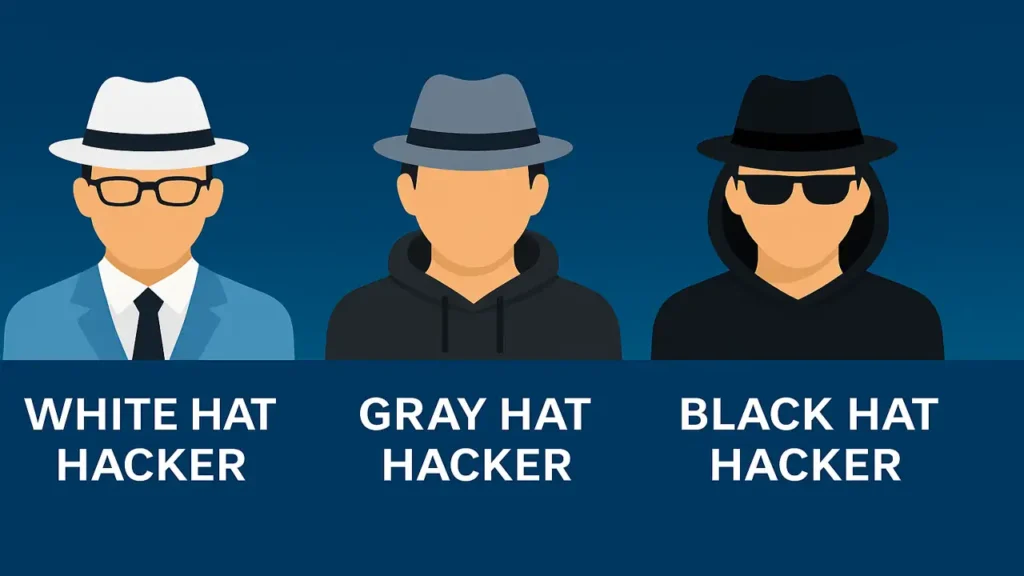 Illustration of white hat, gray hat, and black hat hackers