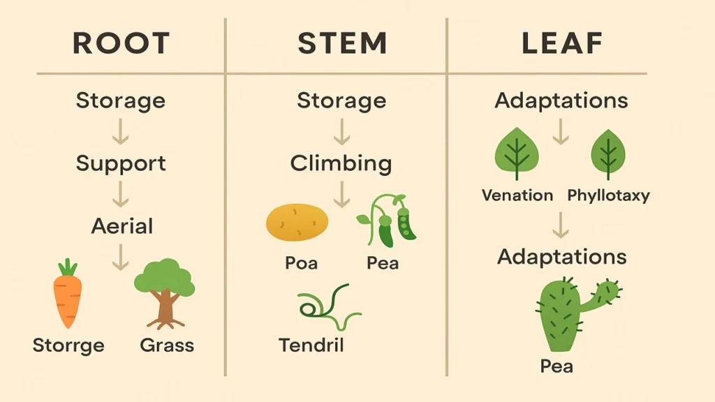 Comparative Table of Root, Stem, & Leaf Modifications