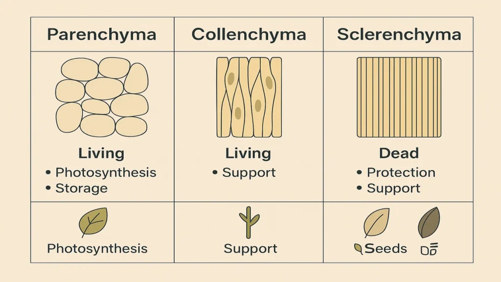 Three vertical panels labeled Parenchyma, Collenchyma, Sclerenchyma.