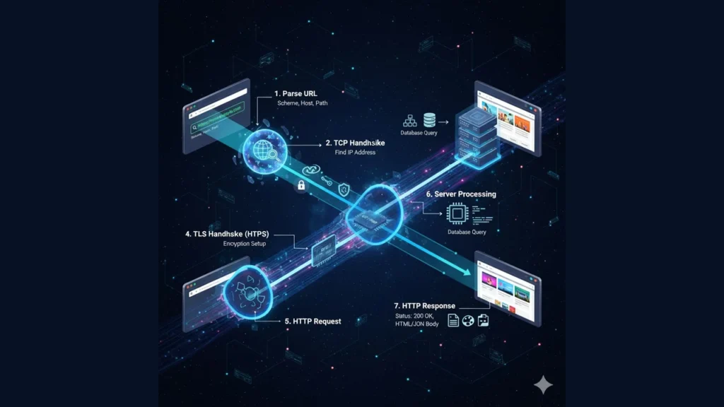 DNS lookup, HTTP request to server, app logic ↔ database, and HTTP response back to the browser.