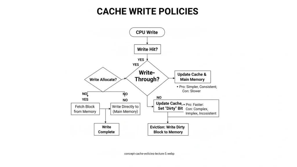 Write policies: write-back/write-through and allocate/no-allocate decision flow.
