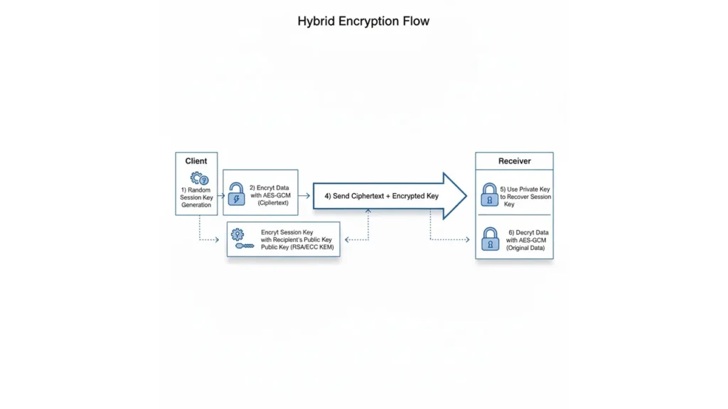 Hybrid encryption diagram combining asymmetric key exchange and symmetric AES-GCM