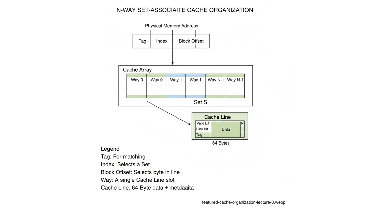 Set-associative cache: index, tag, ways, and line offset.