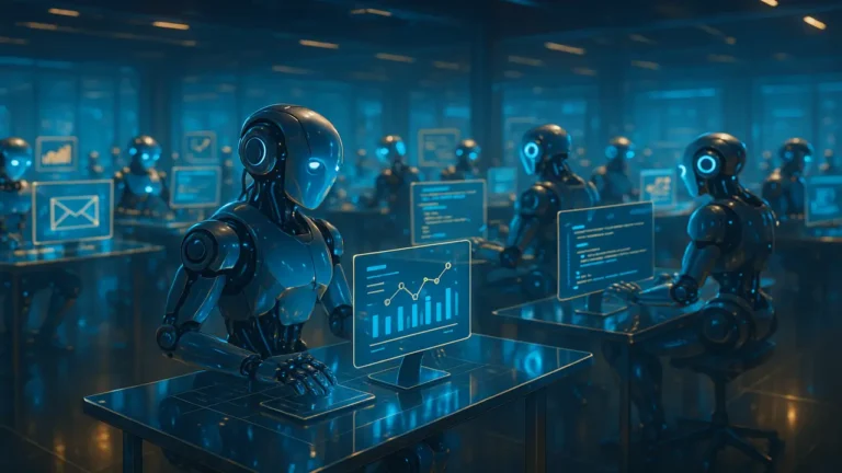 Illustration of AI agents automating digital workflows on holographic interfaces in a futuristic office.