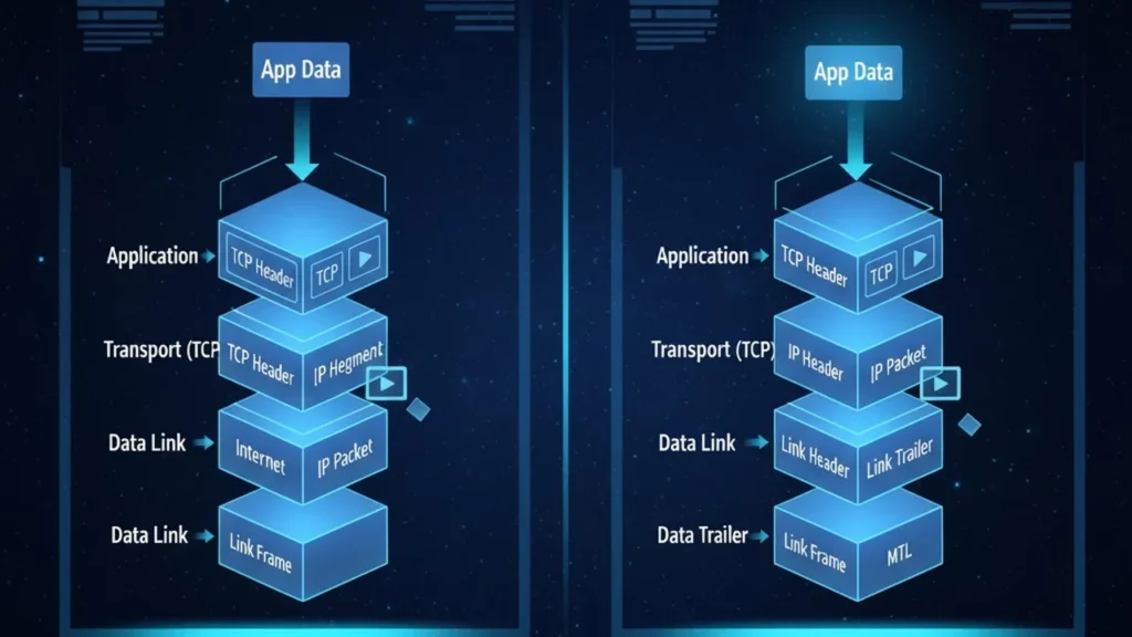 As data goes down the stack it gets headers: App data → [TCP segment] → [IP packet] → [Link frame].
