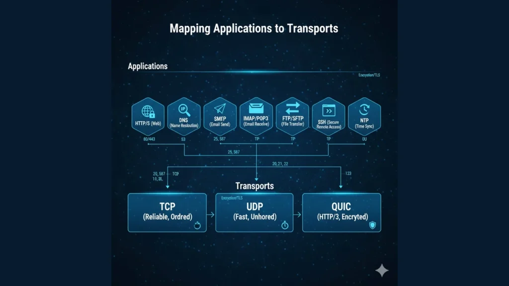 Boxes for HTTP, DNS, SMTP, IMAP/POP3, FTP, SSH, NTP connecting to TCP/UDP/QUIC transports.