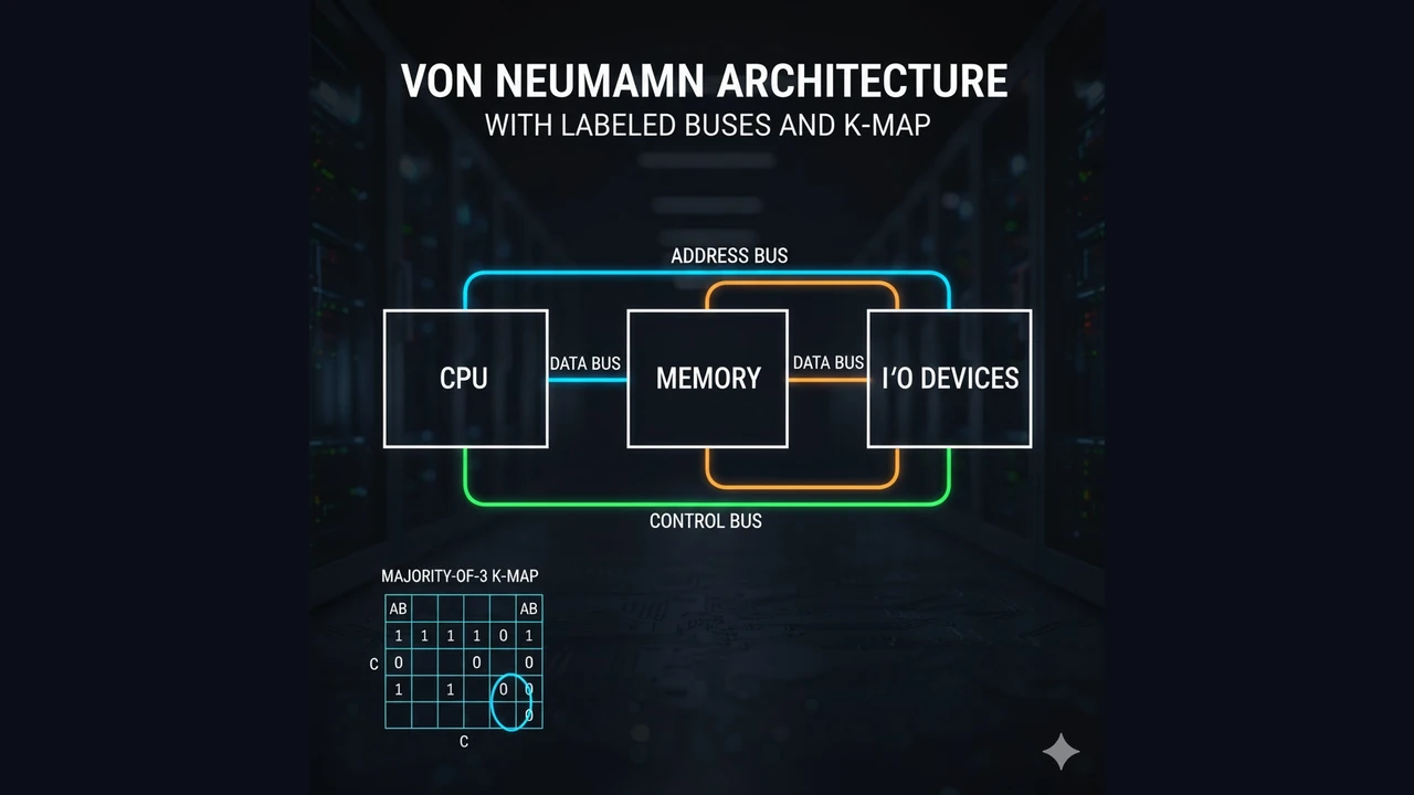 von Neumann architecture with labeled buses and K-map.
