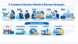 Infographic showing E-Commerce Business Models and Revenue Strategies including B2C, B2B, C2C, subscription, commission, and freemium models