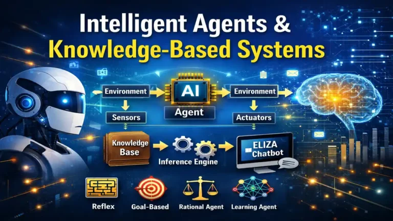 Illustration of Intelligent Agents and Knowledge-Based Systems showing agent architecture, PEAS model, inference engine, and ELIZA chatbot in Artificial Intelligence.