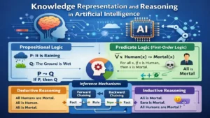 Knowledge Representation and Reasoning in AI infographic with logic and inference mechanisms