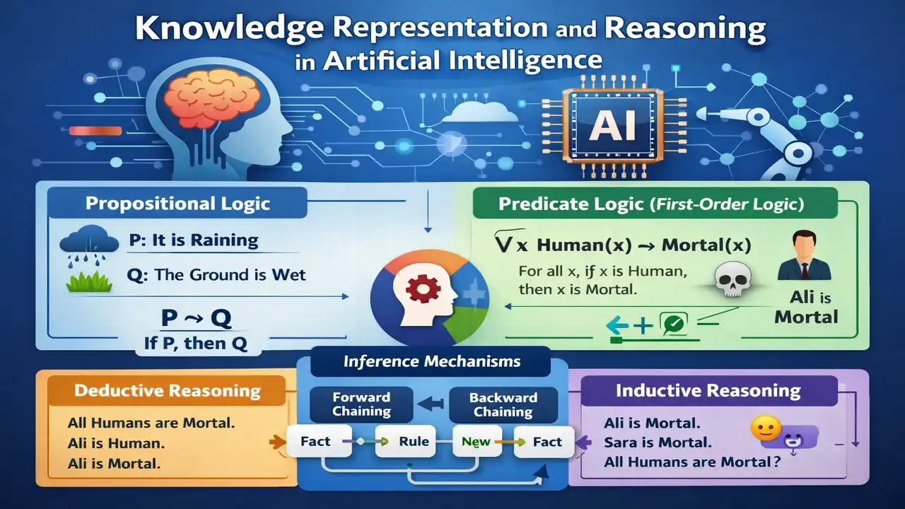 Knowledge Representation and Reasoning in AI infographic with logic and inference mechanisms