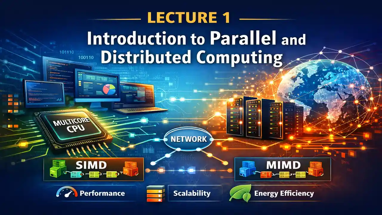 Introduction to Parallel and Distributed Computing featuring multicore CPU, SIMD, MIMD architecture, distributed servers, and network-based computing concepts.