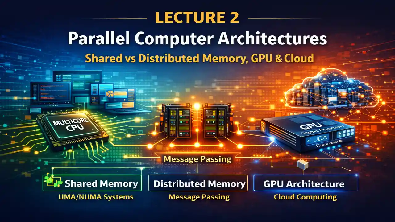 Parallel Computer Architectures diagram showing shared memory vs distributed memory systems, multicore CPU, GPU architecture, message passing, cluster and cloud computing models.