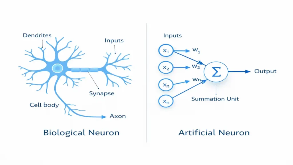 Comparison of biological neuron and artificial neuron showing dendrites, weights, summation unit, and output
