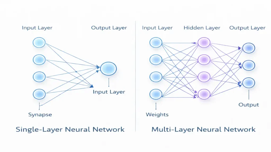 Comparison diagram of single-layer and multi-layer neural networks showing input, hidden, and output layers