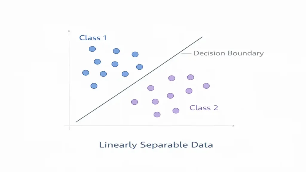2D scatter plot showing linearly separable data with a straight decision boundary separating two classes