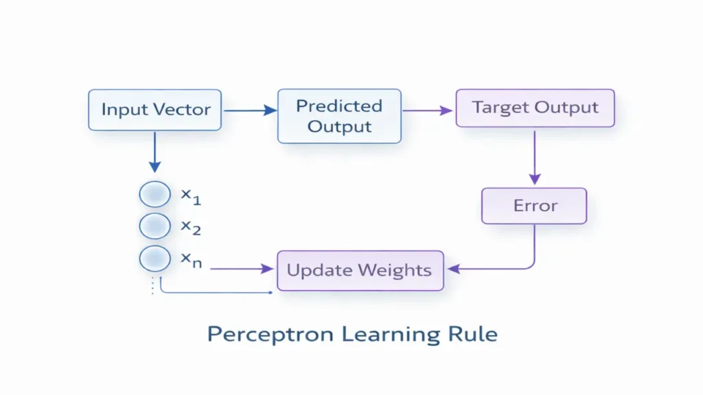 Step-by-step diagram illustrating the perceptron learning rule with input vector, error calculation, and weight update