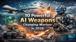 AI weapons changing modern warfare in 2026 including autonomous drones, military robots, missile systems and AI battlefield technology