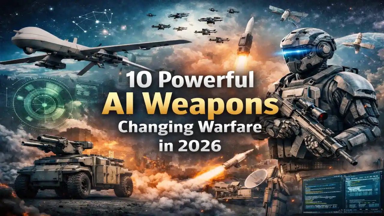 AI weapons changing modern warfare in 2026 including autonomous drones, military robots, missile systems and AI battlefield technology