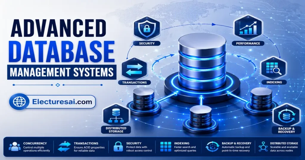 Advanced Database Management Systems illustration showing transactions, security, indexing, distributed servers, and database recovery