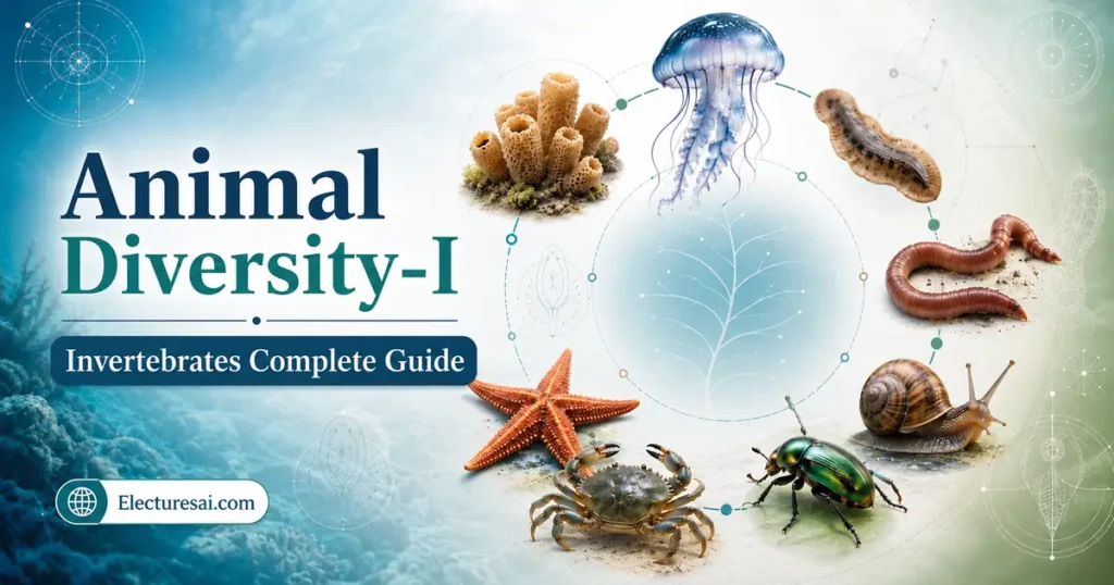 Animal Diversity-I (Invertebrates) illustration showing sponge, jellyfish, earthworm, snail, insect, crab, and starfish