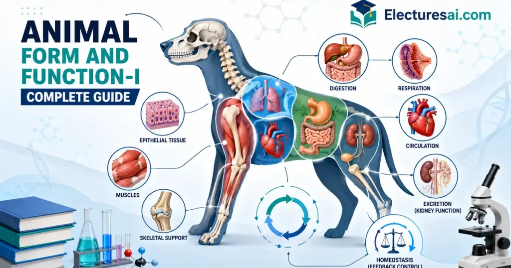 Animal Form and Function-I illustration showing tissues, skeleton, muscles, digestion, respiration, circulation, and kidney function