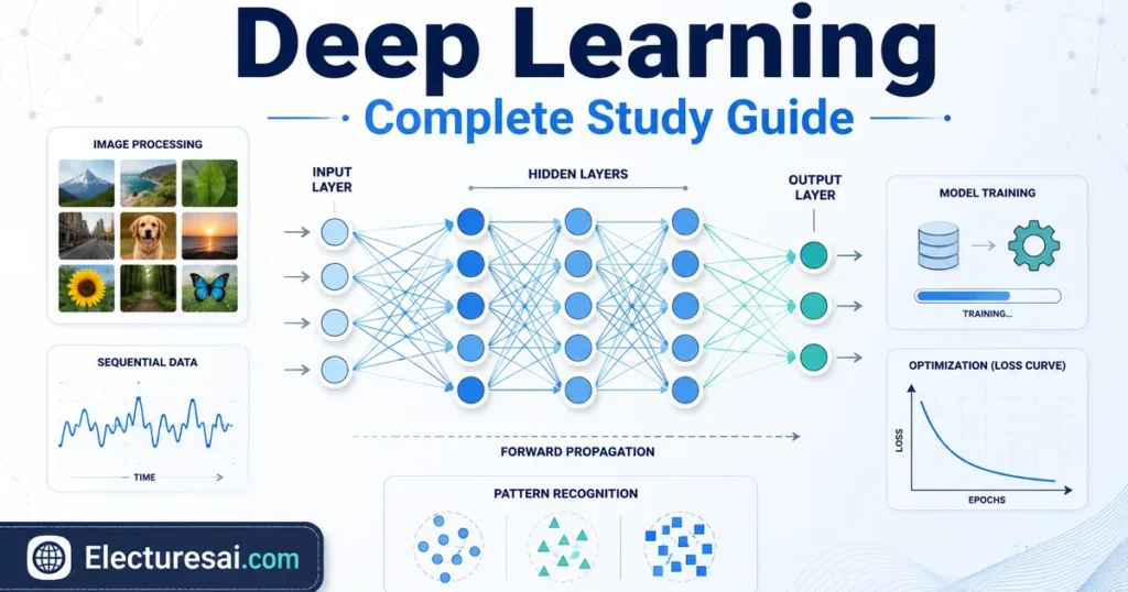 Deep Learning illustration showing a multilayer neural network, data flow, image processing, sequence analysis, and model training