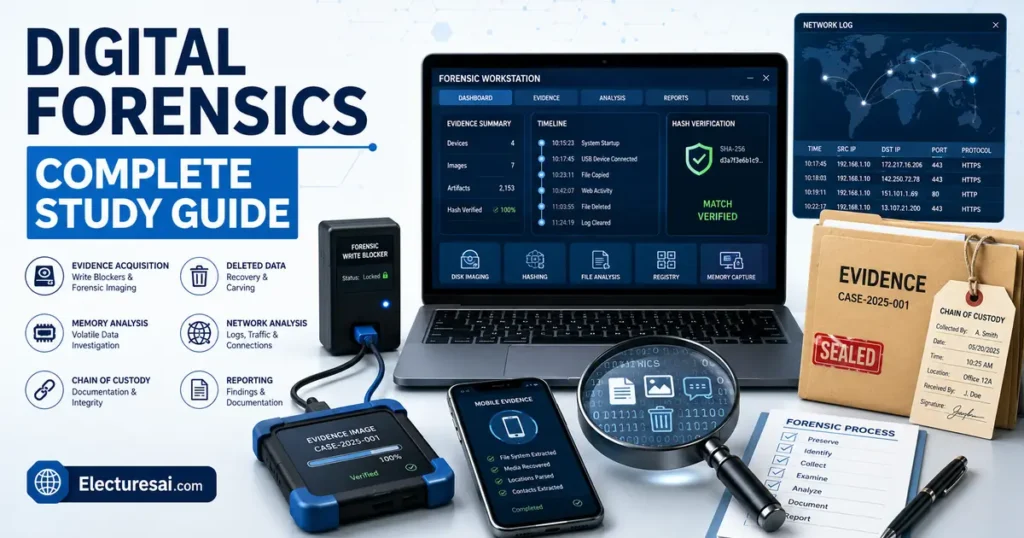 Digital Forensics illustration showing a laptop, forensic disk image, evidence shield, hash verification, network logs, and investigation timeline