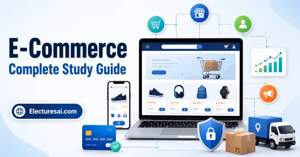 E-Commerce illustration showing an online store, shopping cart, digital payment, product delivery, analytics, and customer order