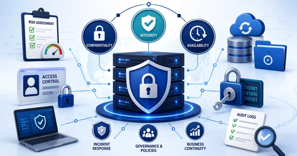 Information Assurance MCQs showing protected data, CIA triad, access control, encryption, risk assessment, timer, and quiz symbols