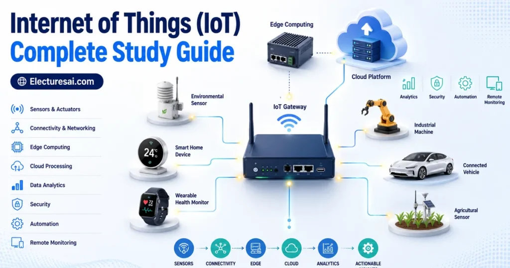 Internet of Things illustration showing connected sensors, smart devices, gateway, cloud, edge computing, security, and data flow