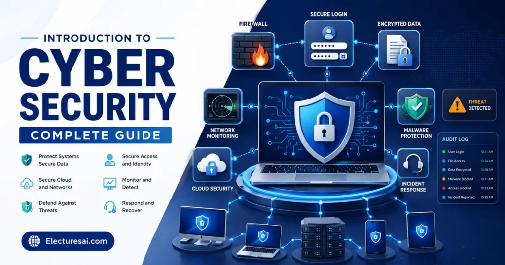 Introduction to Cyber Security illustration showing protected computer systems, network security, malware defense, encryption, access control, and incident response