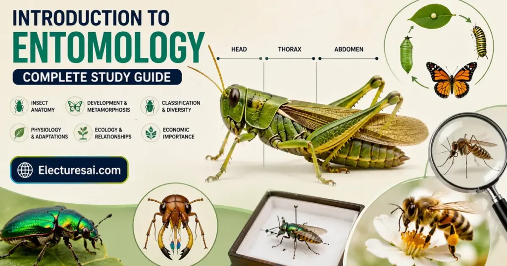 Introduction to Entomology illustration showing insect anatomy, metamorphosis, mouthparts, classification, ecology, and scientific collection