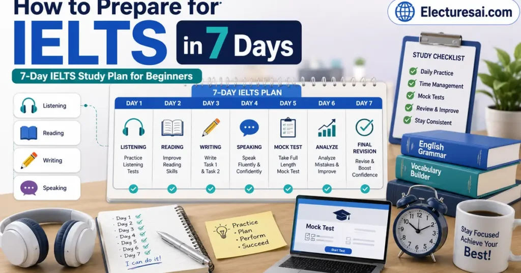 IELTS 7 day study plan showing Listening, Reading, Writing, Speaking, calendar, checklist, books, and mock test preparation