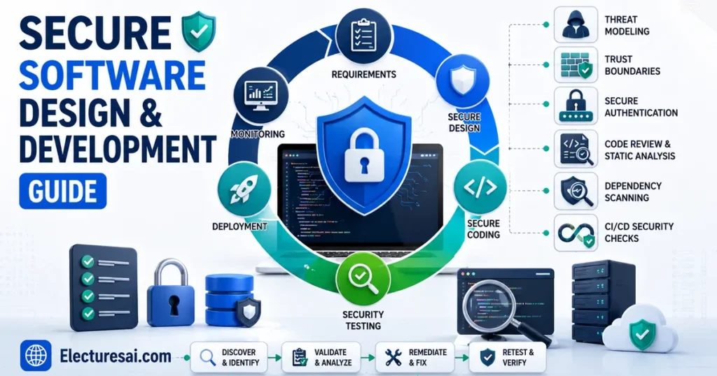 Secure Software Design and Development illustration showing Secure SDLC, threat modeling, secure coding, application testing, DevSecOps, and deployment