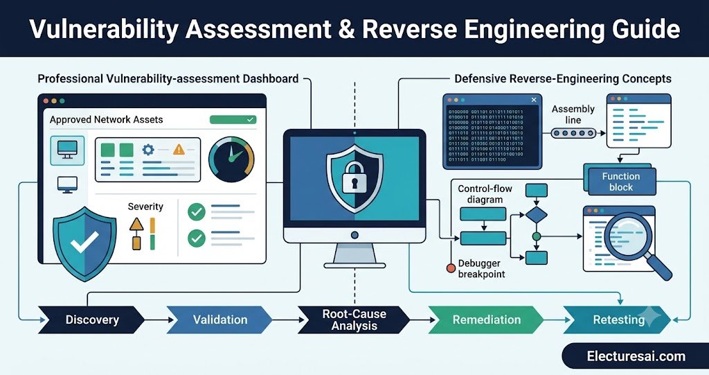 Vulnerability assessment and reverse engineering illustration showing a security scan, risk dashboard, binary analysis, debugging, and remediation